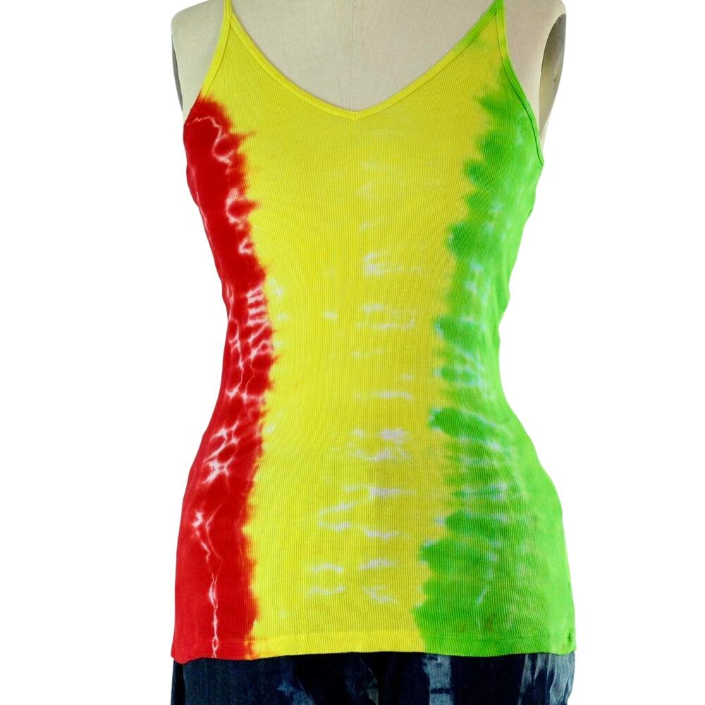 Womens Tank Top Size Medium Red Yellow Green Handmade Tie Dye Summer Rasta New